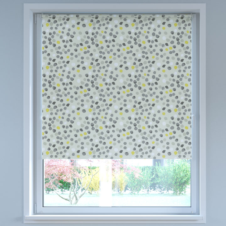 Blackout Digital Print No Drill Roller Blind, Dots Yellow-grey