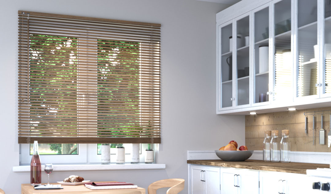 faux wood blinds in kitchen