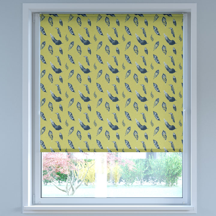 Darkening Digital Print No Drill Roller Blind, Feathers Yellow